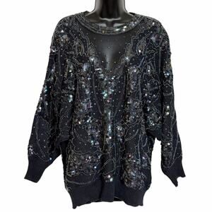 VINTAGE ￼￼ BLACK BEADED SEQUIN SWEATER, SHEER NECKLINE, CHUNKY RETRO GLAM M L